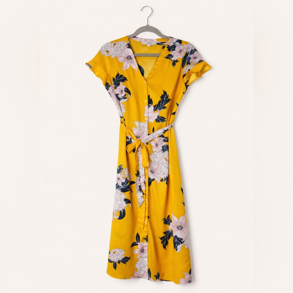 LOFT Yellow Floral Midi Dress